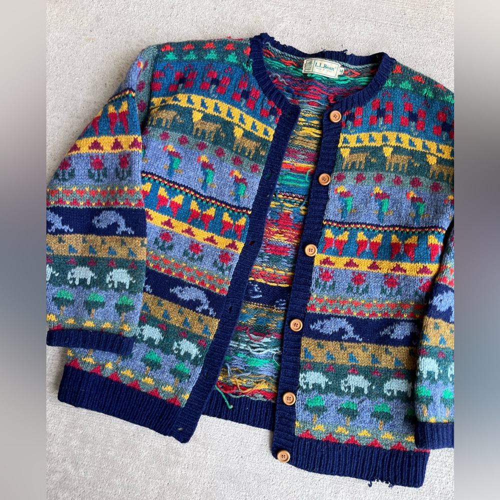 Vintage 90s LLbean wool chunky knit animal bird elephant cardigan sweater retro - Picture 6 of 9